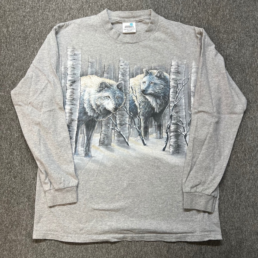Natural Wonders Mens Wolf Graphic Long Sleeve T-Shirt Gray Cotton Size M 136